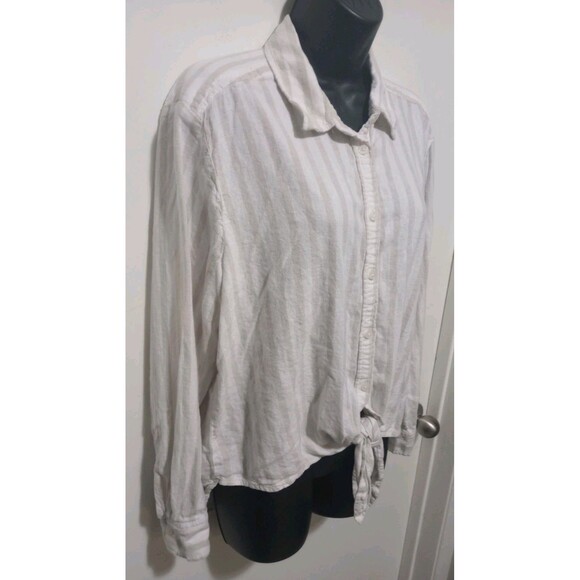 Loft Linen Blend Front Tie Beachy Striped Casual Shirt Women's Size L - Picture 5 of 10
